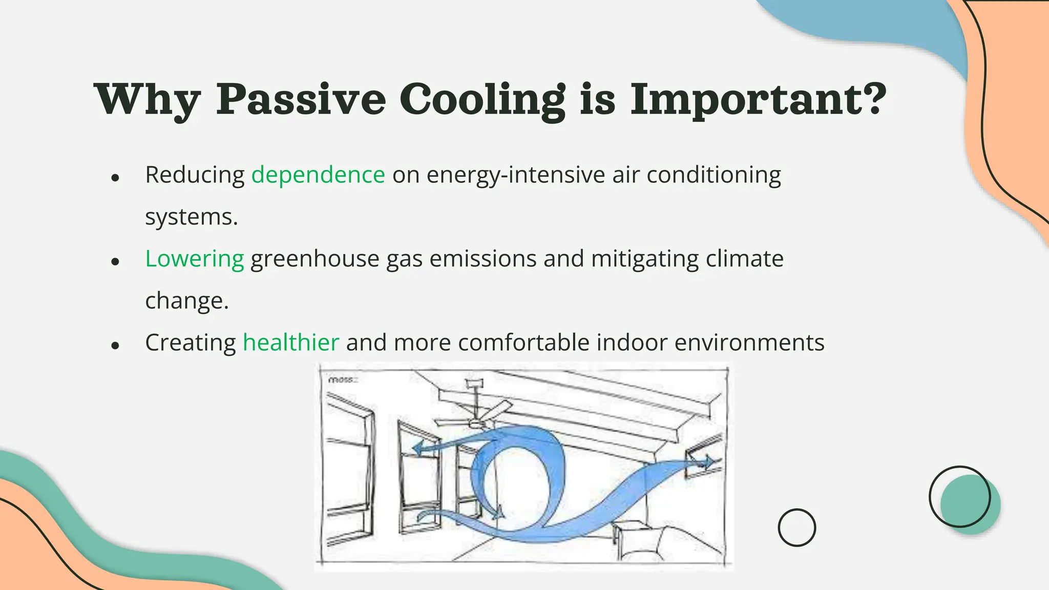 Why Passive Cooling is Important?
● Reducing dependence on energy-intensive air conditioning
systems.
● Lowering greenhouse gas emissions and mitigating climate
change.
● Creating healthier and more comfortable indoor environments
 