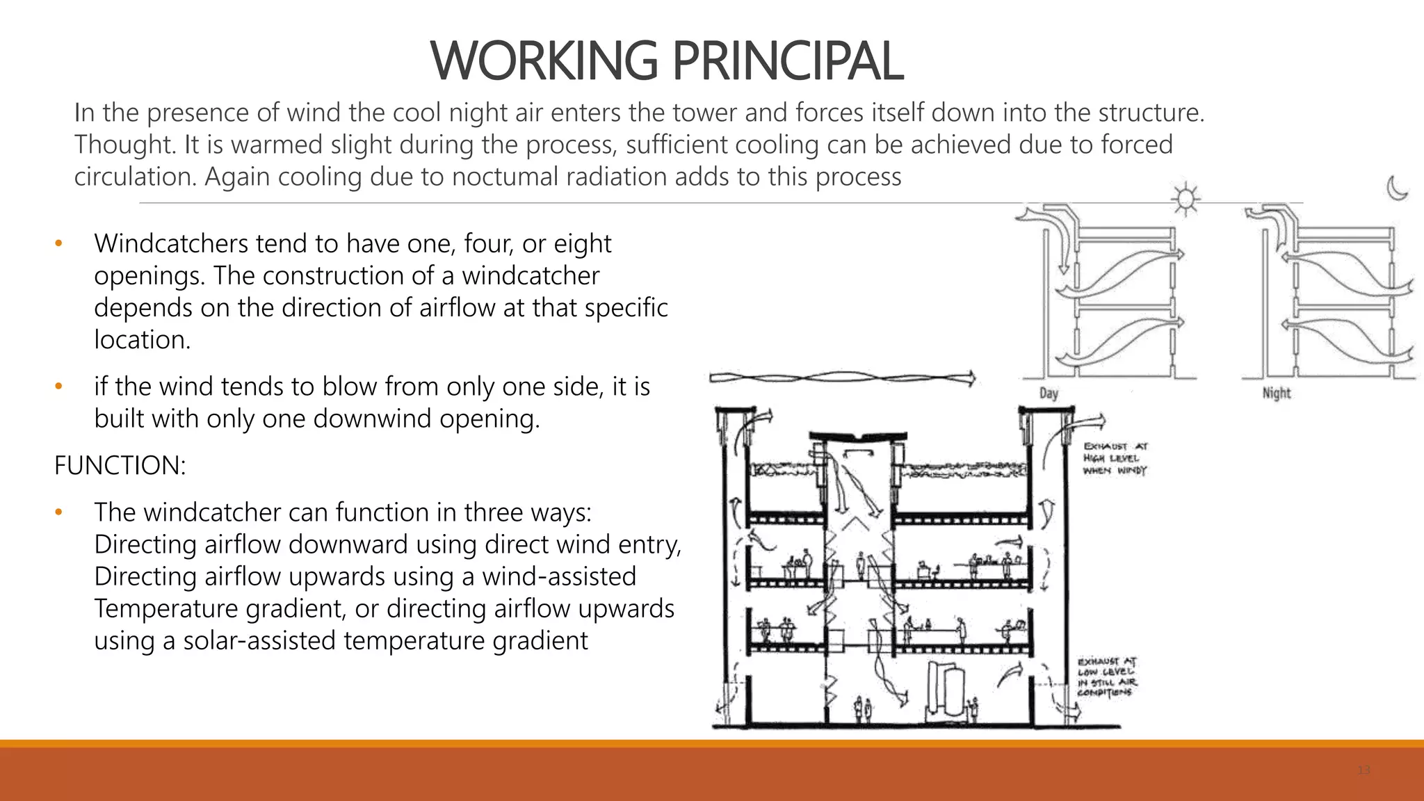 WORKING PRINCIPAL
In the presence of wind the cool night air enters the tower and forces itself down into the structure.
Thought. It is warmed slight during the process, sufficient cooling can be achieved due to forced
circulation. Again cooling due to noctumal radiation adds to this process
13
• Windcatchers tend to have one, four, or eight
openings. The construction of a windcatcher
depends on the direction of airflow at that specific
location.
• if the wind tends to blow from only one side, it is
built with only one downwind opening.
FUNCTION:
• The windcatcher can function in three ways:
Directing airflow downward using direct wind entry,
Directing airflow upwards using a wind-assisted
Temperature gradient, or directing airflow upwards
using a solar-assisted temperature gradient
 