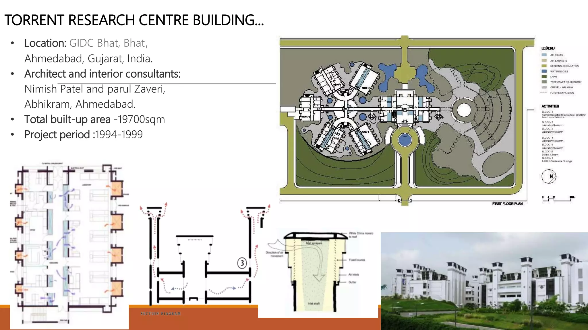 14
TORRENT RESEARCH CENTRE BUILDING...
• Location: GIDC Bhat, Bhat,
Ahmedabad, Gujarat, India.
• Architect and interior consultants:
Nimish Patel and parul Zaveri,
Abhikram, Ahmedabad.
• Total built-up area -19700sqm
• Project period :1994-1999
 