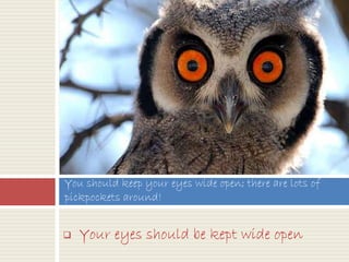  Your eyes should be kept wide open
You should keep your eyes wide open; there are lots of
pickpockets around!
 