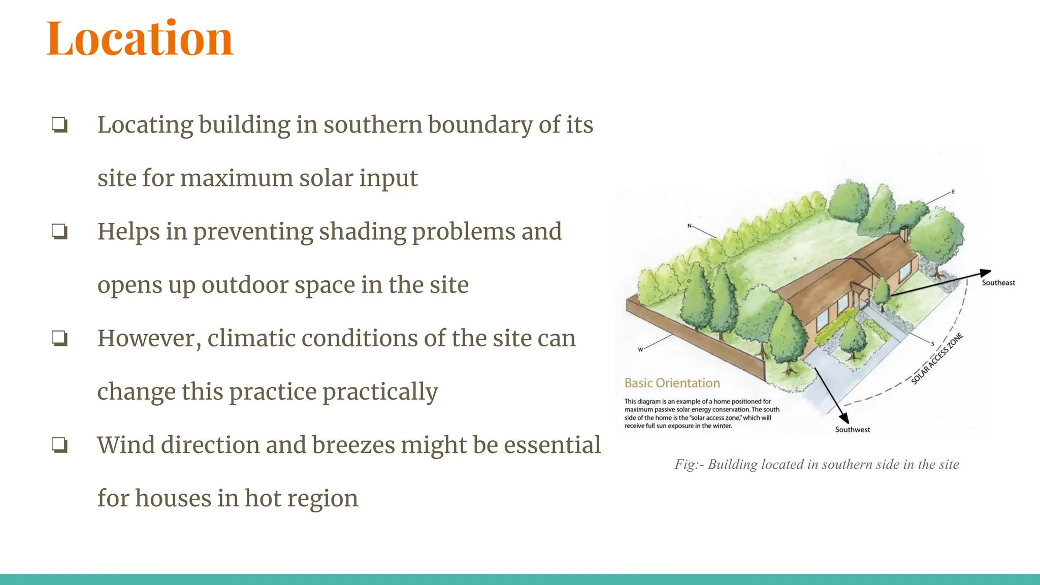 Location
❏ Locating building in southern boundary of its
site for maximum solar input
❏ Helps in preventing shading problems and
opens up outdoor space in the site
❏ However, climatic conditions of the site can
change this practice practically
❏ Wind direction and breezes might be essential
for houses in hot region
Fig:- Building located in southern side in the site
 
