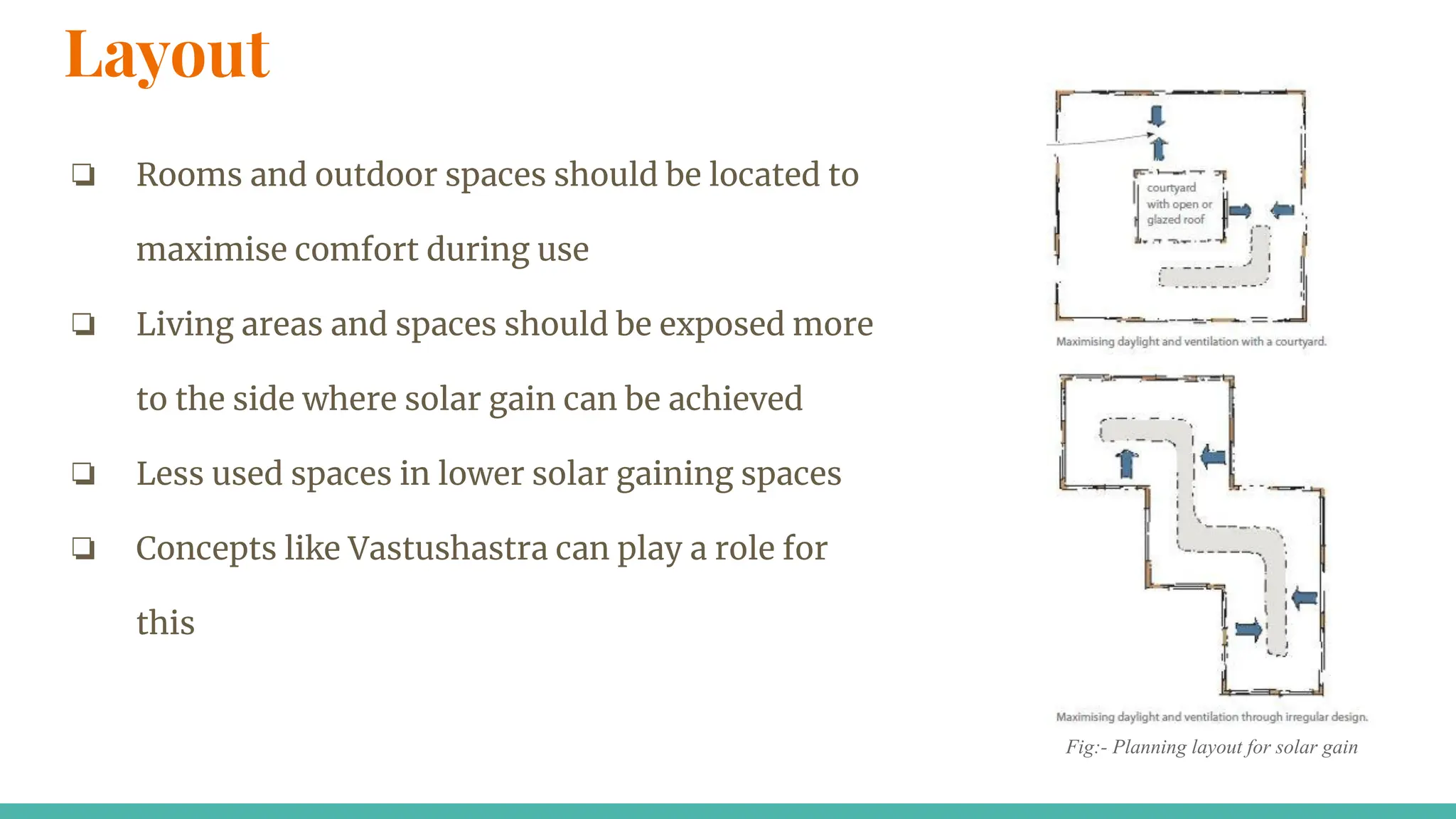 Layout
❏ Rooms and outdoor spaces should be located to
maximise comfort during use
❏ Living areas and spaces should be exposed more
to the side where solar gain can be achieved
❏ Less used spaces in lower solar gaining spaces
❏ Concepts like Vastushastra can play a role for
this
Fig:- Planning layout for solar gain
 