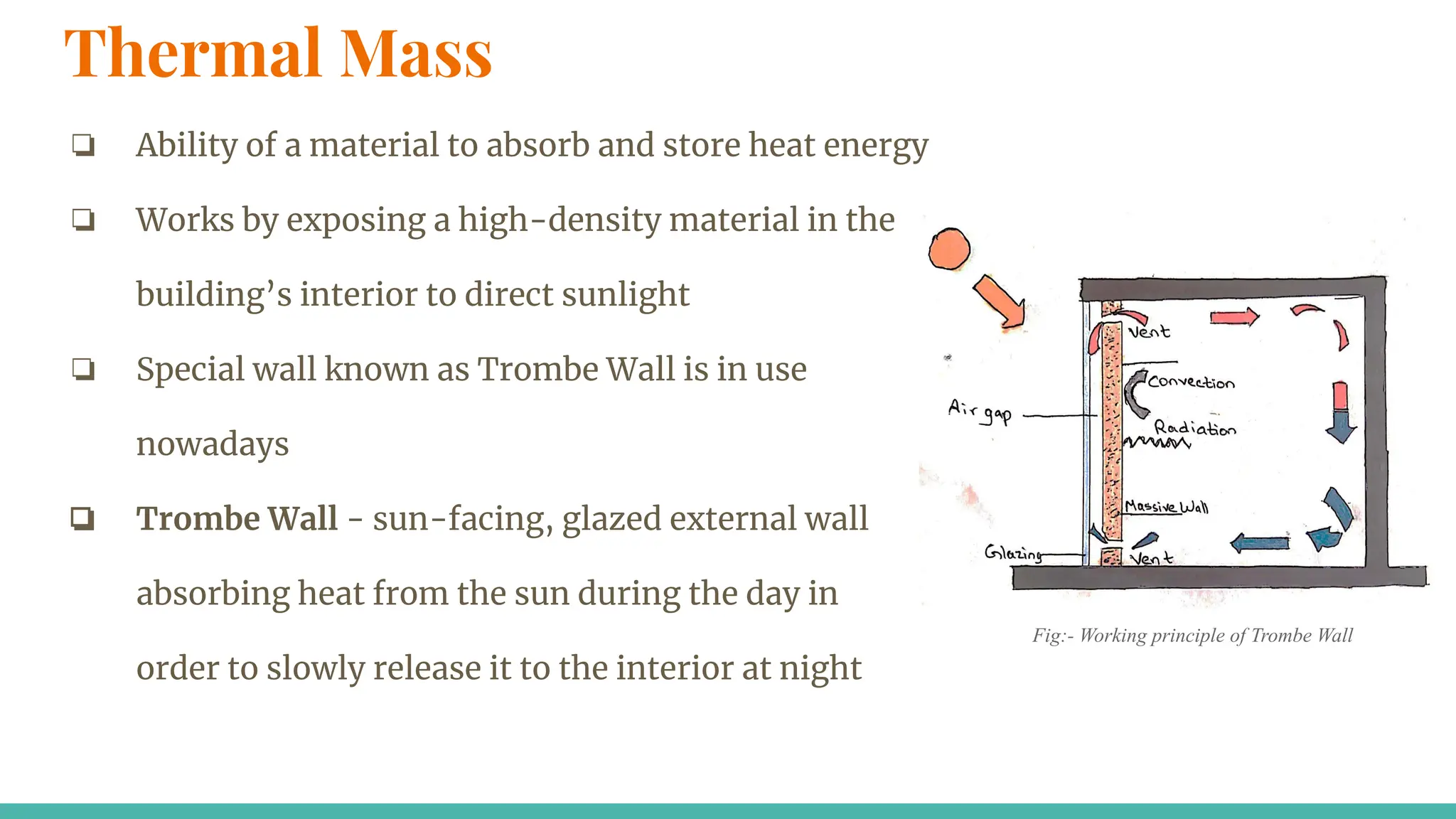 Thermal Mass
❏ Ability of a material to absorb and store heat energy
❏ Works by exposing a high-density material in the
building’s interior to direct sunlight
❏ Special wall known as Trombe Wall is in use
nowadays
❏ Trombe Wall - sun-facing, glazed external wall
absorbing heat from the sun during the day in
order to slowly release it to the interior at night
Fig:- Working principle of Trombe Wall
 
