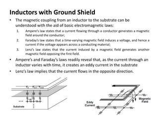 Inductors with Ground Shield
• The magnetic coupling from an inductor to the substrate can be
understood with the aid of basic electromagnetic laws:
1. Ampere’s law states that a current flowing through a conductor generates a magnetic
field around the conductor;
2. Faraday’s law states that a time-varying magnetic field induces a voltage, and hence a
current if the voltage appears across a conducting material;
3. Lenz’s law states that the current induced by a magnetic field generates another
magnetic field opposing the first field.
• Ampere’s and Faraday’s laws readily reveal that, as the current through an
inductor varies with time, it creates an eddy current in the substrate
• Lenz’s law implies that the current flows in the opposite direction.
 