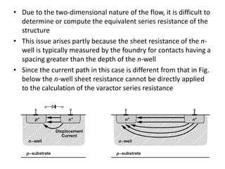 • Due to the two-dimensional nature of the flow, it is difficult to
determine or compute the equivalent series resistance of the
structure
• This issue arises partly because the sheet resistance of the n-
well is typically measured by the foundry for contacts having a
spacing greater than the depth of the n-well
• Since the current path in this case is different from that in Fig.
below the n-well sheet resistance cannot be directly applied
to the calculation of the varactor series resistance
 