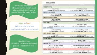 *INTRANSITIVE VERBS:
Intransitive verbs (which don’t
take an object) don’t have a
passive form: die, sleep, arrive,
go…
*SPECIAL VERB:
The verb TO BE BORN is ALWAYS
passive: I was born in 1975
 