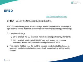 EPBD
                                                   http://www.epbd-ca.eu/

 EPBD - Energy Performance Building Directive.

 40% of our total energy use are in buildings, therefore the EU has introduced a
 legislation to ensure that the EU countries will consume less energy in buildings.

  Long term strategy.
      2012 shall all the EU countries include the energy efficiency standards.
      2021 shall all buildings in EU fulfil “very high energy performance
       standard”. Public sector will fulfil the requirement in 2019.
  This means that this year the building process needs to start to change to
   balanced ventilation with heat recovery, in all properties that will be built in
   Europe.
 