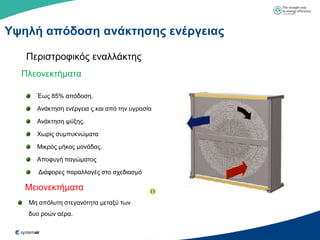 Υτηλή απόδοζη ανάκηηζηρ ενέπγειαρ

   Πεξηζηξνθηθόο ελαιιάθηεο
  Πιενλεθηήκαηα

     Έσο 85% απόδνζε.

     Αλάθηεζε ελέξγεηα ο θαη από ηελ πγξαζία

     Αλάθηεζε ςύμεο.

     Υσξίο ζπκππθλώκαηα

     Μηθξόο κήθνο κνλάδαο.

     Απνθπγή παγώκαηνο

      Γηάθνξεο παξαιιαγέο ζην ζρεδηαζκό

   Μεηνλεθηήκαηα
   Με απόιπηε ζηεγαλόηεηα κεηαμύ ησλ
   δπν ξνώλ αέξα.
 