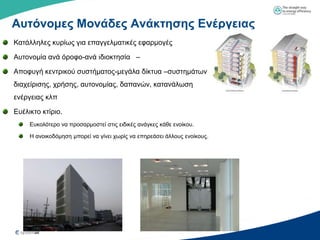 Αςηόνομερ Μονάδερ Ανάκηηζηρ Ενέπγειαρ
Καηάιιειεο θπξίσο γηα επαγγεικαηηθέο εθαξκνγέο

Απηνλνκία αλά όξνθν-αλά ηδηνθηεζία –

Απνθπγή θεληξηθνύ ζπζηήκαηνο-κεγάια δίθηπα –ζπζηεκάησλ
δηαρείξηζεο, ρξήζεο, απηνλνκίαο, δαπαλώλ, θαηαλάισζε
ελέξγεηαο θιπ

Δπέιηθην θηίξην.
     Δπθνιόηεξν λα πξνζαξκνζηεί ζηηο εηδηθέο αλάγθεο θάζε ελνίθνπ.

     Η αλνηθνδόκεζε κπνξεί λα γίλεη ρσξίο λα επεξεάζεη άιινπο ελνίθνπο.
 