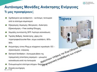 Αςηόνομερ Μονάδερ Ανάκηηζηρ Ενέπγειαρ
Τι μαρ πποζθέποςν;
  ΢ρεδηαζκέλν γηα αλεμάξηεηε - απηόλνκε ιεηηνπξγία
  από ην ζύζηεκα θιηκαηηζκνύ

  Δμαεξηζκόο- Αεξηζκόο- Φηιηξαλζε - Αλάθηεζε-
  Δμνηθνλόκεζε – Free cooling-Έιεγρνο.

  Υακειόο ζπληειεζηήο SFP. Ληγόηεξε θαηαλάισζε

  Τςειόο Βαζκόο Aαλάθηεζεο ράξηο ζην
  πεξηζηξνθηθό/counter flow ζώκα ελαιιάθηε 80%-
  90%

  Αλεκηζηήξεο ηύπνπ Plug κε ζύγρξνλε ηερλνινγία EC -
  εμνηθνλόκεζε ελέξγεηαο

  Demand Ventilation - Λεηηνπξγία βάζεη ηεο
  πξαγκαηηθέο απαηηήζεηο αεξηζκνύ – κεησκέλε
  θαηαλάισζε θαηά ηελ ιεηηνπξγία

  Δλζσκαησκέλν ζύζηεκα ειέγρνπ- δηαρείξηζεο

  Δύθνιε ζπληήξεζε
 