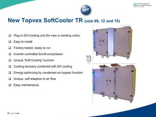 New Topvex SoftCooler TR (size 09, 12 and 15)

 Plug in DX-Cooling unit (for new or existing units).

 Easy to install

 Factory tested, ready to run

 Inverter controlled Scroll compressor

 Unique “Soft Cooling” function

 Cooling recovery combined with DX cooling

 Energy optimizing by condenser air bypass function

 Unique self adaption to air flow

 Easy maintenance.
 