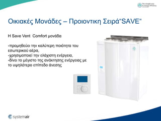 Οηθηαθέο Μνλάδεο – Πξνηνληηθε ΢εηξά“SAVE“

Η Save Vent Comfort κνλάδα

-πξνκεζεύεη ηελ θαιύηεξε πνηόηεηα ηνπ
εζσηεξηθνύ αέξα,
-ρξεζηκνπνηεί ηελ ειάρηζηε ελέξγεηα,
-δίλεη ην κέγηζην ηεο αλάθηεζεο ελέξγεηαο κε
ην πςειόηεξν επίπεδν άλεζεο
 