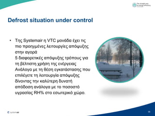 Defrost situation under control


• Σεο Systemair ε VTC κνλάδα έρεη ηηο
  πην πξνεγκέλεο ιεηηνπξγίεο απόςπμεο
  ζηελ αγνξά
  5 δηαθνξεηηθέο απόςπμεο ηξόπνπο γηα
  ηε βέιηηζηε ρξήζε ηεο ελέξγεηαο
  Αλάινγα κε ηε ζέζε εγθαηάζηαζεο πνπ
  επηιέγεηε ηε ιεηηνπξγία απόςπμεο
  δίλνληαο ηελ θαιύηεξε δπλαηή
  απόδνζε αλάινγα κε ην πνζνζηό
  πγξαζίαο RH% ζην εζσηεξηθό ρώξν.



                                        56
 