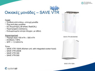 NE
                                                        W

Οηθηαθέο κνλάδεο – SAVE VTR
Γεληθά
- ΢ύλδεζε από επάλσ –επηηπρή κνλάδα
- Plug and play κνλάδαs
- EC Αλεκηζηήξεο (B-wheel, RadiCAL)
- Πεξηζηξνθηθή ελαιιαθηεο
- Δλζσκαησκέλν θέληξν έιεγρνπ κε νζόλε

Υαξαθηεξηζηηθά
                                                               SAVE VTR 200/300/500
- Παξνρή αέξα 100 m3/h – 500 m3/h
- Απόδνζε > 80%
- SFP: < 1,5 kW/m3/s

Σύπνη
- SAVE VTR 150/K (Kitchen unit, with integrated cooker hood)
- SAVE VTR 200/B
- SAVE VTR 300
- SAVE VTR 500



                                                                SAVE VTR 150/K
 