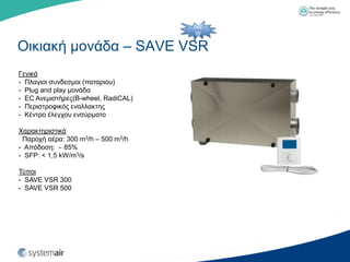 NE
                                     W

Οηθηαθή κνλάδα – SAVE VSR
Γεληθά
- Πιαγηνη ζπλδεζκνη (παηαξηνπ)
- Plug and play κνλάδα
- EC Αλεκηζηήξεο(B-wheel, RadiCAL)
- Πεξηζηξνθηθόο ελαιιαθηεο
- Κέληξν έιεγρνπ ελζύξκαην

Υαξαθηεξηζηηθά
 Παξνρή αέξα: 300 m3/h – 500 m3/h
- Απόδνζε: 85%
- SFP: < 1,5 kW/m3/s

Σύπνη
- SAVE VSR 300
- SAVE VSR 500
 