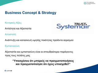 Business Concept & Strategy

Κεληξηθέο Αμίεο

Απιόηεηα θαη Αμηνπηζηία

Απνζηνιή

Αλάπηπμε θαη θαηαζθεπή πςειήο πνηόηεηαο πξντόληα αεξηζκνύ

Δκπηζηνζύλε

Αμηνπηζηία θαη εκπηζηνζύλε είλαη νη ζπνπδαηόηεξνη παξάγνληεο
πξνο ηνπο πειάηεο καο

      “Υποζσέζος όηι μποπείρ να ππαγμαηοποιήζειρ
        και ππαγμαηοποίηζε όηι έσειρ ςποζσεθεί!“
 