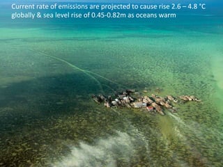 Current 
rate 
of 
emissions 
are 
projected 
to 
cause 
rise 
2.6 
– 
4.8 
°C 
globally 
& 
sea 
level 
rise 
of 
0.45-­‐0.82m 
as 
oceans 
warm 
 