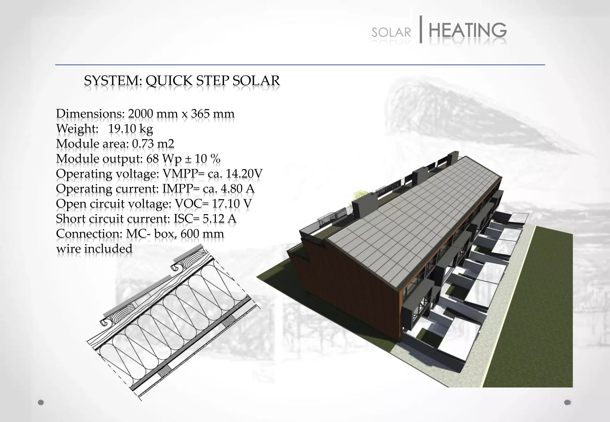 SOLAR


    SYSTEM: QUICK STEP SOLAR

Dimensions: 2000 mm x 365 mm
Weight: 19.10 kg
Module area: 0.73 m2
Module output: 68 Wp ± 10 %
Operating voltage: VMPP= ca. 14.20V
Operating current: IMPP= ca. 4.80 A
Open circuit voltage: VOC= 17.10 V
Short circuit current: ISC= 5.12 A
Connection: MC- box, 600 mm
wire included
 