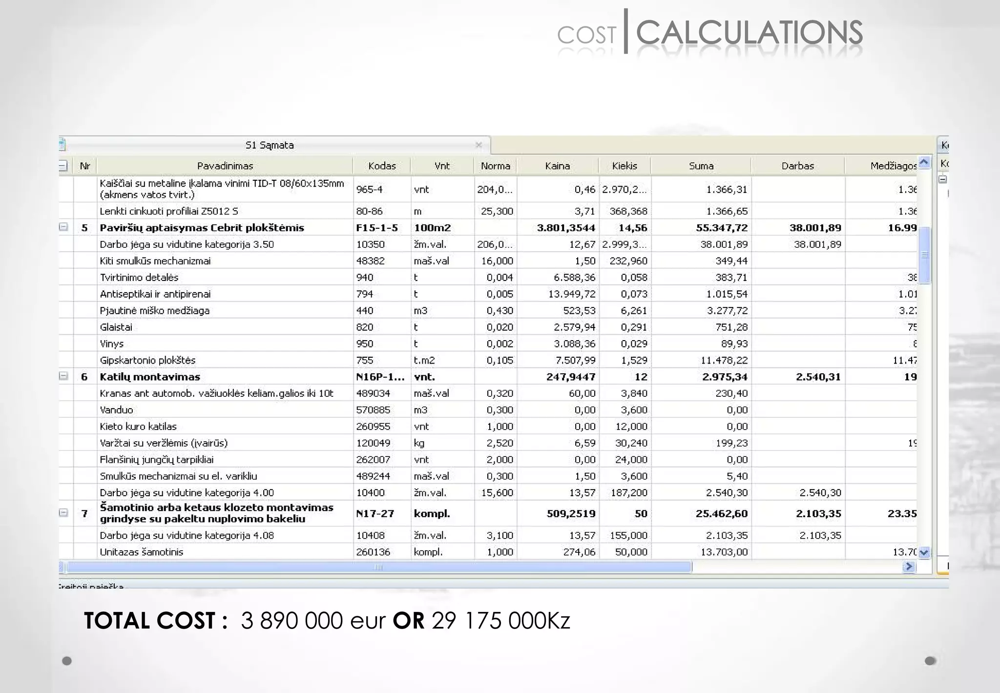 COST




TOTAL COST : 3 890 000 eur OR 29 175 000Kz
 
