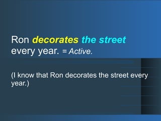 Ron decorates the street
every year. = Active.
(I know that Ron decorates the street every
year.)
 