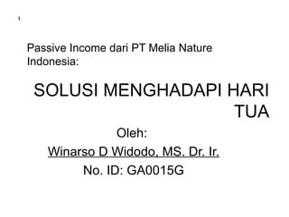 Passive Income dari PT Melia Nature Indonesia: Oleh:  Winarso D Widodo, MS. Dr. Ir. No. ID: GA0015G SOLUSI MENGHADAPI HARI TUA 