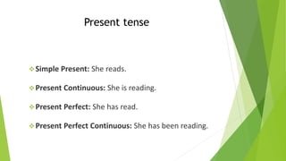 Present tense
❖Simple Present: She reads.
❖Present Continuous: She is reading.
❖Present Perfect: She has read.
❖Present Perfect Continuous: She has been reading.
 