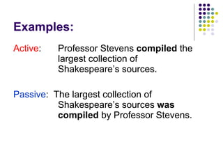 Examples: Active : Professor Stevens  compiled  the  largest collection of  Shakespeare’s sources. Passive :  The largest collection of  Shakespeare’s sources  was  compiled  by Professor Stevens.  
