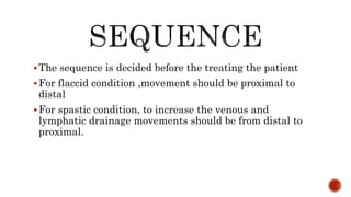 The sequence is decided before the treating the patient
For flaccid condition ,movement should be proximal to
distal
For spastic condition, to increase the venous and
lymphatic drainage movements should be from distal to
proximal.
 