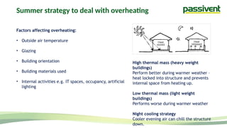 Summer strategy to deal with overheating
Factors affecting overheating:
• Outside air temperature
• Glazing
• Building orientation
• Building materials used
• Internal activities e.g. IT spaces, occupancy, artificial
lighting
High thermal mass (heavy weight
buildings)
Perform better during warmer weather –
heat locked into structure and prevents
internal space from heating up.
Low thermal mass (light weight
buildings)
Performs worse during warmer weather
Night cooling strategy
Cooler evening air can chill the structure
down.
 