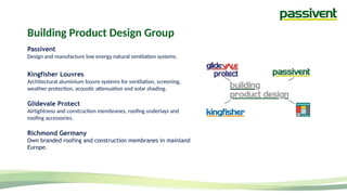 Building Product Design Group
Passivent
Design and manufacture low energy natural ventilation systems.
Kingfisher Louvres
Architectural aluminium louvre systems for ventilation, screening,
weather protection, acoustic attenuation and solar shading.
Glidevale Protect
Airtightness and construction membranes, roofing underlays and
roofing accessories.
Richmond Germany
Own branded roofing and construction membranes in mainland
Europe.
 