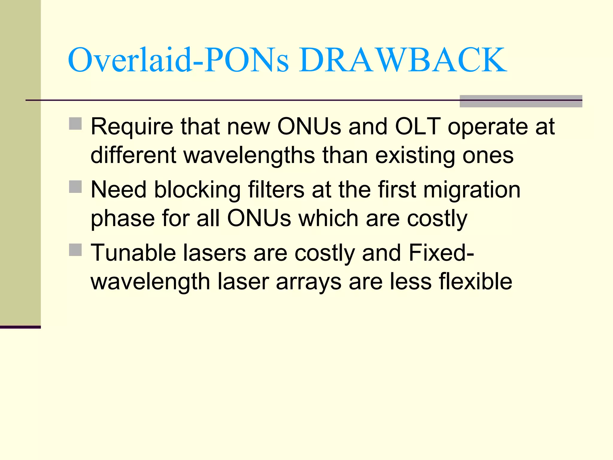 Overlaid-PONs DRAWBACK
 Require that new ONUs and OLT operate at
different wavelengths than existing ones
 Need blocking filters at the first migration
phase for all ONUs which are costly
 Tunable lasers are costly and Fixed-
wavelength laser arrays are less flexible
 
