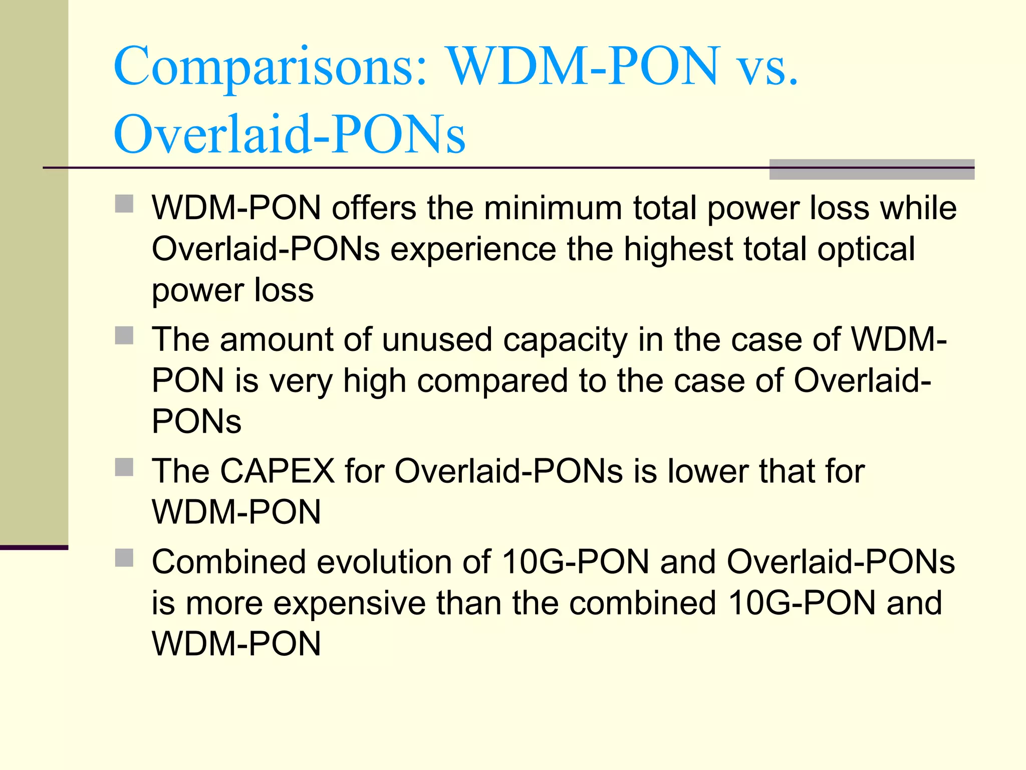 Comparisons: WDM-PON vs.
Overlaid-PONs
 WDM-PON offers the minimum total power loss while
Overlaid-PONs experience the highest total optical
power loss
 The amount of unused capacity in the case of WDM-
PON is very high compared to the case of Overlaid-
PONs
 The CAPEX for Overlaid-PONs is lower that for
WDM-PON
 Combined evolution of 10G-PON and Overlaid-PONs
is more expensive than the combined 10G-PON and
WDM-PON
 