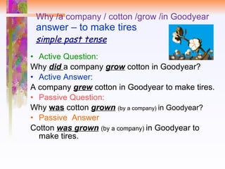 Why /a company / cotton /grow /in Goodyear  answer – to make tires simple past tense Active Question:  Why  did   a company  grow  cotton in Goodyear? Active Answer: A company  grew  cotton in Goodyear to make tires. Passive Question:  Why  was  cotton  grown   (by a company)  in Goodyear? Passive  Answer Cotton  was grown   (by a company)  in Goodyear to make tires. 