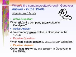 When/a tire company/cotton/grow/in Goodyear  answer - in the 1940s simple past tense Active Question:  When  did   a tire company  grow  cotton in Goodyear? Active Answer: A tire company  grew  cotton in Goodyear in the 1940s. Passive Question:  When  was  cotton  grown   (by a tire company)  in Goodyear? Passive  Answer Cotton  was grown   (by a tire company)  in Goodyear in the 1940s. 