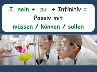 I. sein + zu + Infinitiv =
Passiv mit
müssen / können / sollen
 