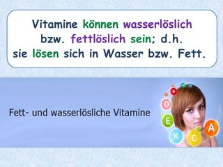 Vitamine können wasserlöslich
bzw. fettlöslich sein; d.h.
sie lösen sich in Wasser bzw. Fett.
 