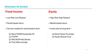 When do I need money ?
Purpose and Timespan of investment
Short Term (Need money in next 1-2 years)
- Vehicle, Holiday Plans, Social Commitment - FD/RD/Liquid Funds
Medical/Contingency Fund
Medium term (Required in next 3-5 years)
- Home, Child Education - FD, RD, Equity Funds,NSC
Long Term (Not required in next 5 years) - Equity or Eq Funds, PF
- Retirement Fund
14
 