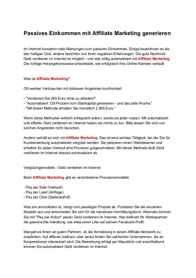 Passives Einkommen Mit Affiliate Marketing Generieren 1