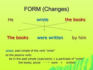 FORM (Changes)FORM (Changes)
HeHe wrotewrote the booksthe books
The booksThe books were writtenwere written by himby him
wrotewrote: past simple of the verb “write”: past simple of the verb “write”
so the passive verb:so the passive verb:
be in the past simple (was/were) + p.participle of “write”be in the past simple (was/were) + p.participle of “write”
the books, plural were + writtenthe books, plural were + written
 