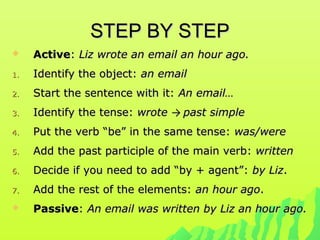STEP BY STEPSTEP BY STEP
 ActiveActive:: Liz wrote an email an hour ago.Liz wrote an email an hour ago.
1.1. Identify the object:Identify the object: an emailan email
2.2. Start the sentence with it:Start the sentence with it: An email…An email…
3.3. Identify the tense:Identify the tense: wrotewrote →→ past simplepast simple
4.4. Put the verb “be” in the same tense:Put the verb “be” in the same tense: was/werewas/were
5.5. Add the past participle of the main verb:Add the past participle of the main verb: writtenwritten
6.6. Decide if you need to add “by + agent”:Decide if you need to add “by + agent”: by Lizby Liz..
7.7. Add the rest of the elements:Add the rest of the elements: an hour agoan hour ago..
 PassivePassive:: An email was written by Liz an hour ago.An email was written by Liz an hour ago.
 