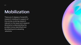 Mobilization
Mobilization
Mobilization
There are 2 classes of scientific
research mobilized in support of
the stories: evolving research
relevant to the issue and research
directed at understanding the
problem (once identified) and
developing and evaluating
solutions.
4.1
 