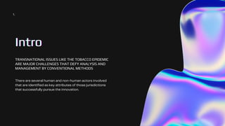 Intro
Intro
Intro
There are several human and non-human actors involved
that are identified as key attributes of those jurisdictions
that successfully pursue the innovation.
TRANSNATIONAL ISSUES LIKE THE TOBACCO EPIDEMIC
ARE MAJOR CHALLENGES THAT DEFY ANALYSIS AND
MANAGEMENT BY CONVENTIONAL METHODS
1.
 
