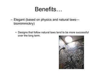 Benefits…
– Elegant (based on physics and natural laws—
  biomimmickry)

   • Designs that follow natural laws tend to be more successful
     over the long term.
 