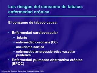 Los riesgos del consumo de tabaco:  enfermedad crónica El consumo de tabaco causa: Enfermedad cardiovascular infarto enfermedad coronaria (EC) aneurismo aortico enfermedad arteroesclerotica vascular periférica Enfermedad pulmonar obstructiva crónica (EPOC) Informe del Cirujano General de Estados Unidos, 1989.  