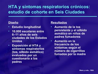 HTA y síntomas respiratorios crónicos: estudio de cohorte en Seis Ciudades Diseño Estudio longitudinal 10.000 escolares entre 6–11 años de seis ciudades de los Estados Unidos Exposición al HTA y síntomas respiratorios (tos, silbido asmático) evaluados por un cuestionario a los padres Resultados Aumento de la tos persistente y el silbido asmático en niños de padres fumadores Aumento en la frecuencia de los síntomas según el número de cigarrillos fumados por la madre Ware y cols., 1984. 