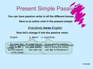 Present Simple Passive English  You can have passive verbs in all the different tenses. Here is an active verb in the present simple: Everybody  love s  English .  Now let’s change it into the passive voice: is lov ed by  everybody . To make the passive use the verb ‘ to BE ’ in the same tense as the original sentence – here it is the present simple tense To make the passive, use  past participle  of the main verb.  If you need to mention who is doing the action, use ‘ by ’ to introduce it. ‘ is   lov ed ’ is present simple passive (because ‘ is ’ is in the present simple).  © EM 2009 