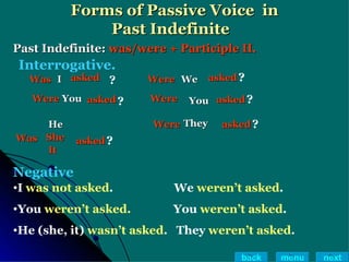 Forms of Passive Voice  in Past Indefinite  Past Indefinite:  was/were + Participle II. Was   I   asked Were  You   asked Was He   She It asked Were  You asked Were   We   asked Were They   asked ? ? ? ? ? ? Interrogative. Negative I  was not asked .   We  weren’t asked . You  weren’t asked.   You  weren’t asked . He (she, it)  wasn’t asked .  They  weren’t asked . back menu next 