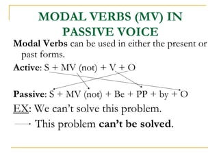 MODAL VERBS (MV) IN
PASSIVE VOICE

Modal Verbs can be used in either the present or
past forms.
Active: S + MV (not) + V + O
Passive: S + MV (not) + Be + PP + by + O
EX: We can’t solve this problem.

This problem can’t be solved.

 