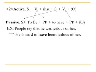 <2>Active: S1 + V1 + that + S2 + V2 + (O)
Passive: S+ To Be + PP + to have + PP + (O)
EX: People say that he was jealous of her.
He is said to have been jealous of her.

 