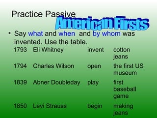 Practice Passive
• Say what and when and by whom was
invented. Use the table.
1793 Eli Whitney invent cotton
jeans
1794 Charles Wilson open the first US
museum
1839 Abner Doubleday play first
baseball
game
1850 Levi Strauss begin making
jeans
 